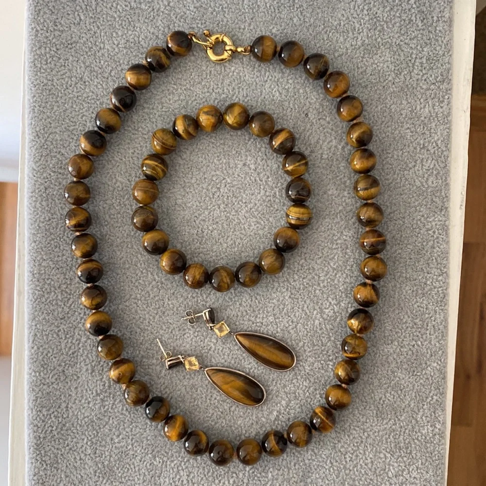 Tigers eye Necklace 16” / .925 Drop Earrings 2” & Stretch Bracelet Set